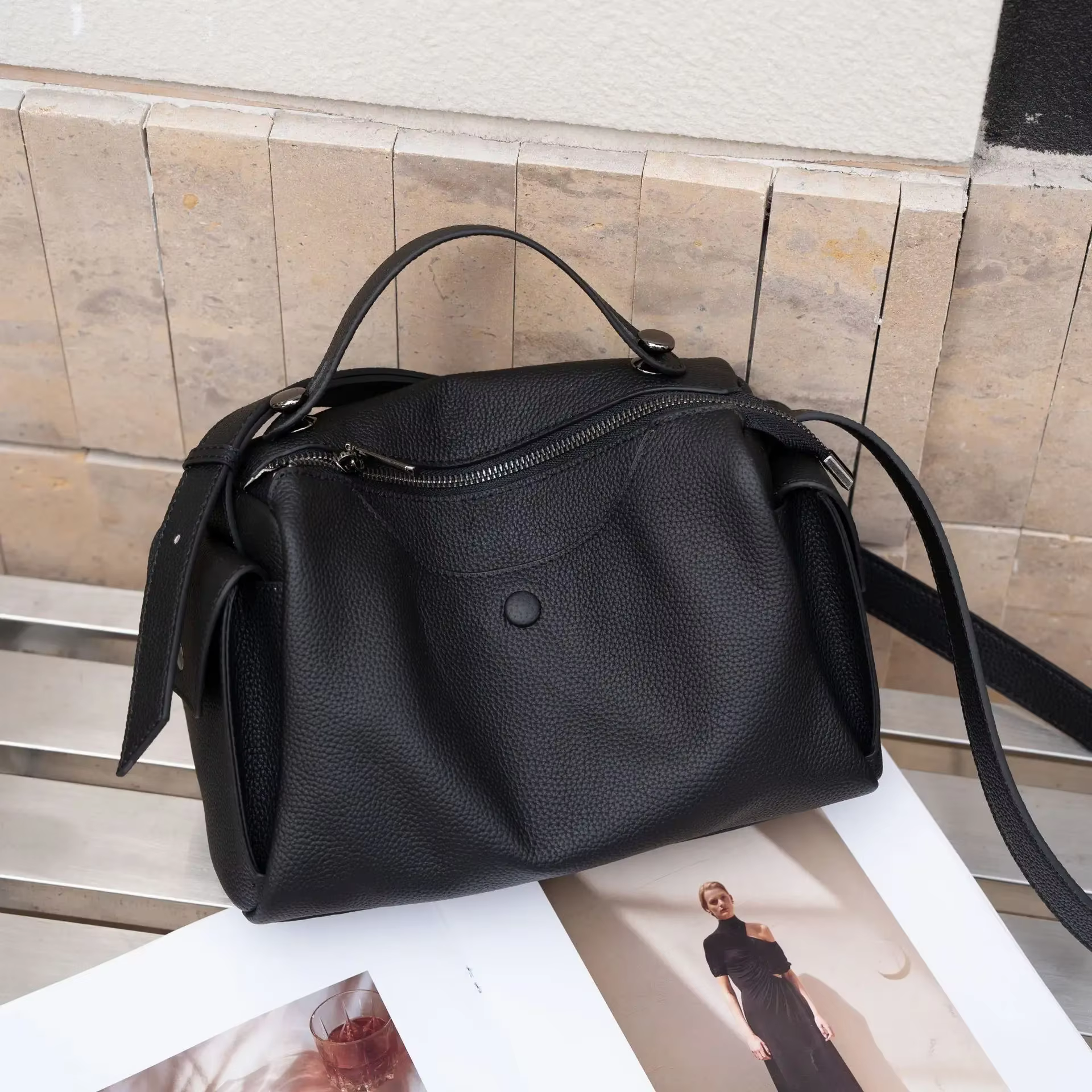 Boston Tote-Sac à main en cuir de vachette de grande capacité pour femme