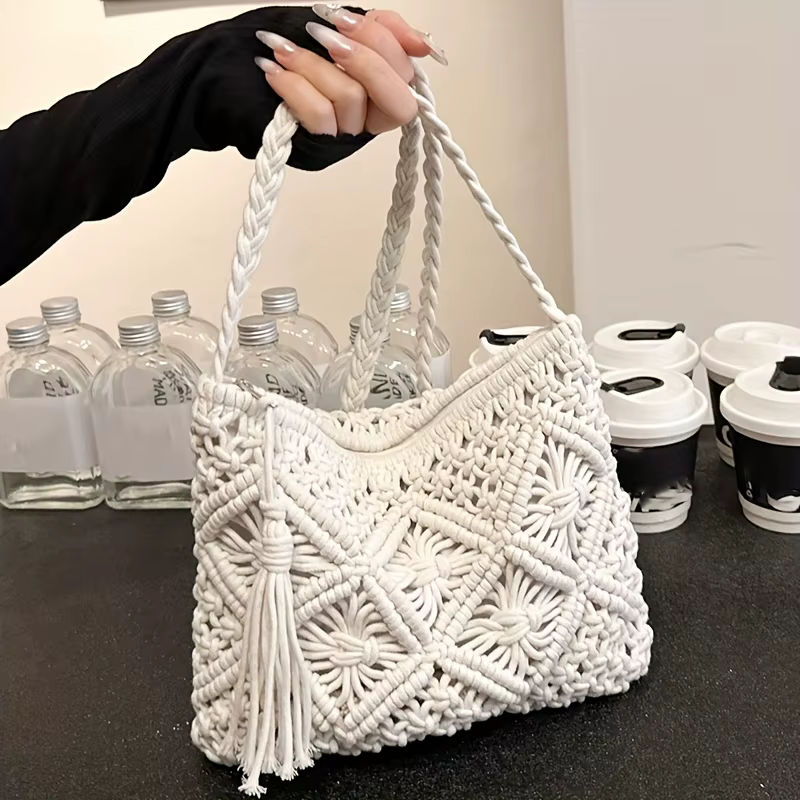 Sac à bandoulière tissé à la main pour femme de style bohème - Sac de plage d'été avec fermeture éclair