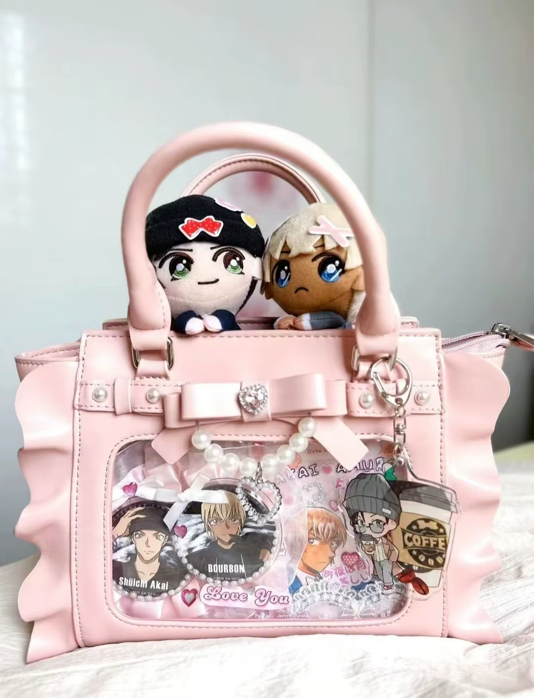 Harajuku carré rose Ita sac femmes nouveau japonais perle poignée sac de messager portefeuille femme doux mignon sacs à bandoulière esthétique