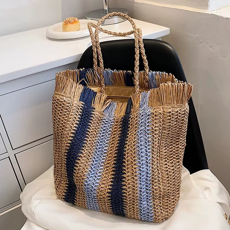 Sac à main en paille rayé pour femmes