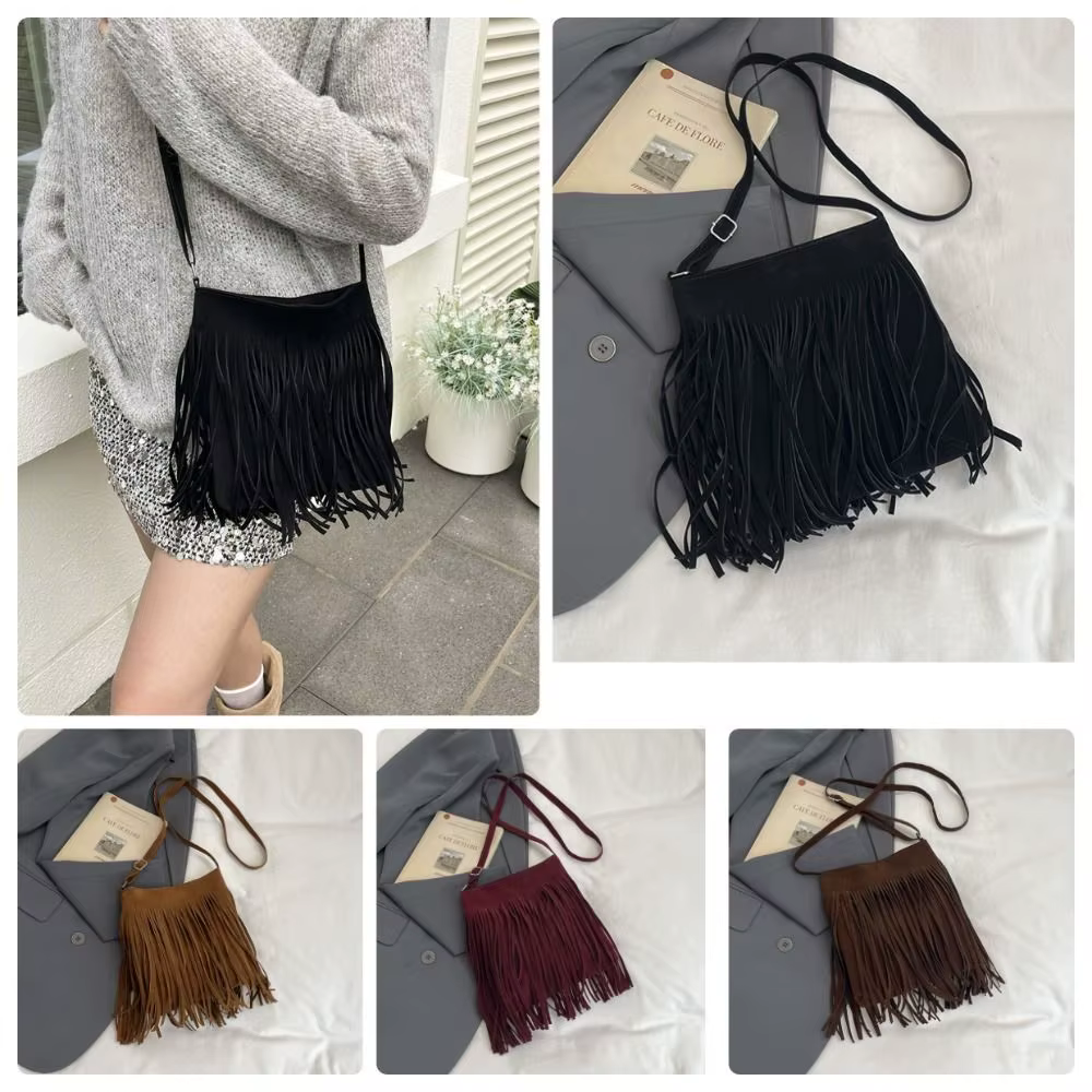 Sac bandoulière vintage en suède à franges