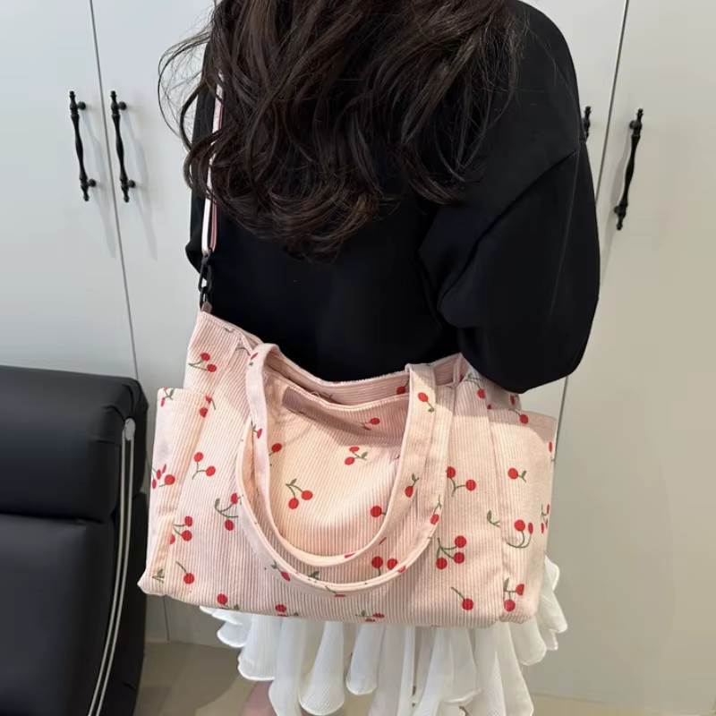 Sac à bandoulière chic en velours côtelé à imprimé cerises avec sangle réglable