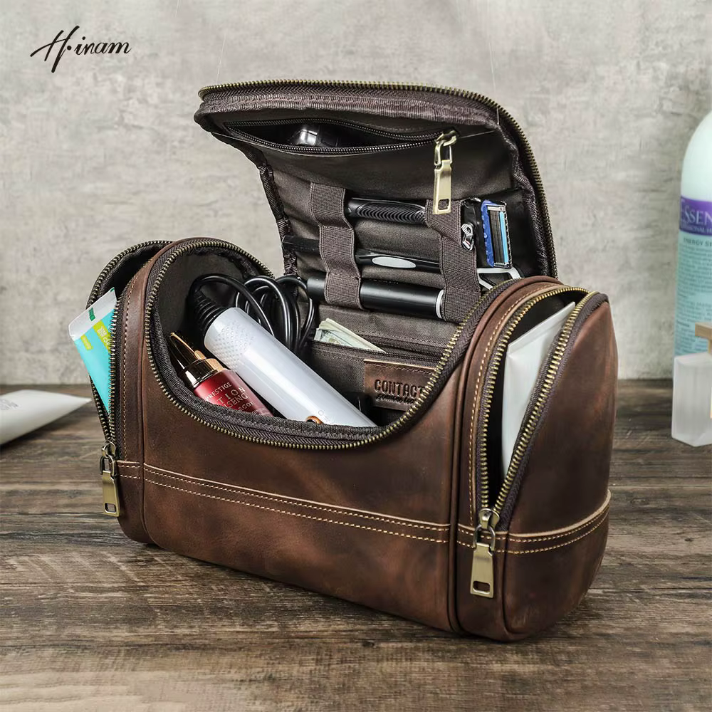 Hommes en cuir véritable voyage affaires toilette rasage sac femmes rétro cosmétique lavage douche organisateur sac à main grande capacité
