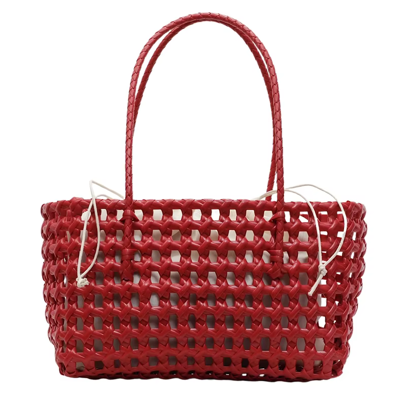 Sac Panier Bohème Coloré en PVC Tressé Grande Capacité 2-en-1 Sac à Main et Sac à Bandoulière pour Vacances et Trajets Quotidiens – 5 Couleurs au Choix