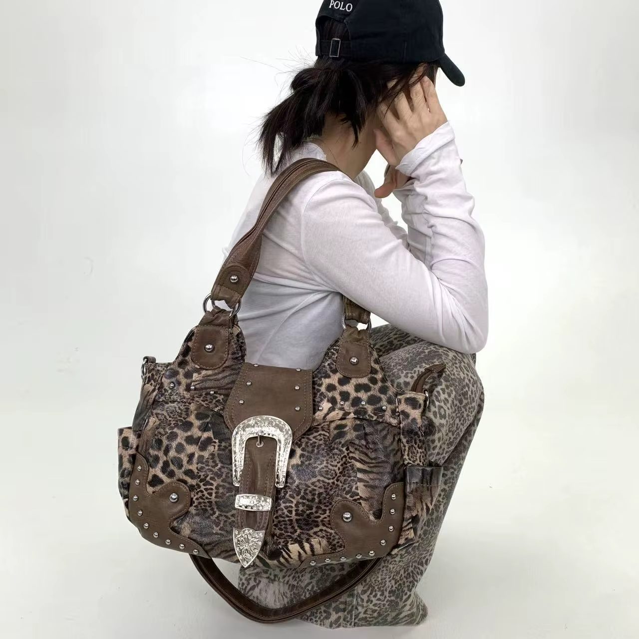 Y2K – sac fourre-tout en patchwork imprimé léopard pour fille épicée