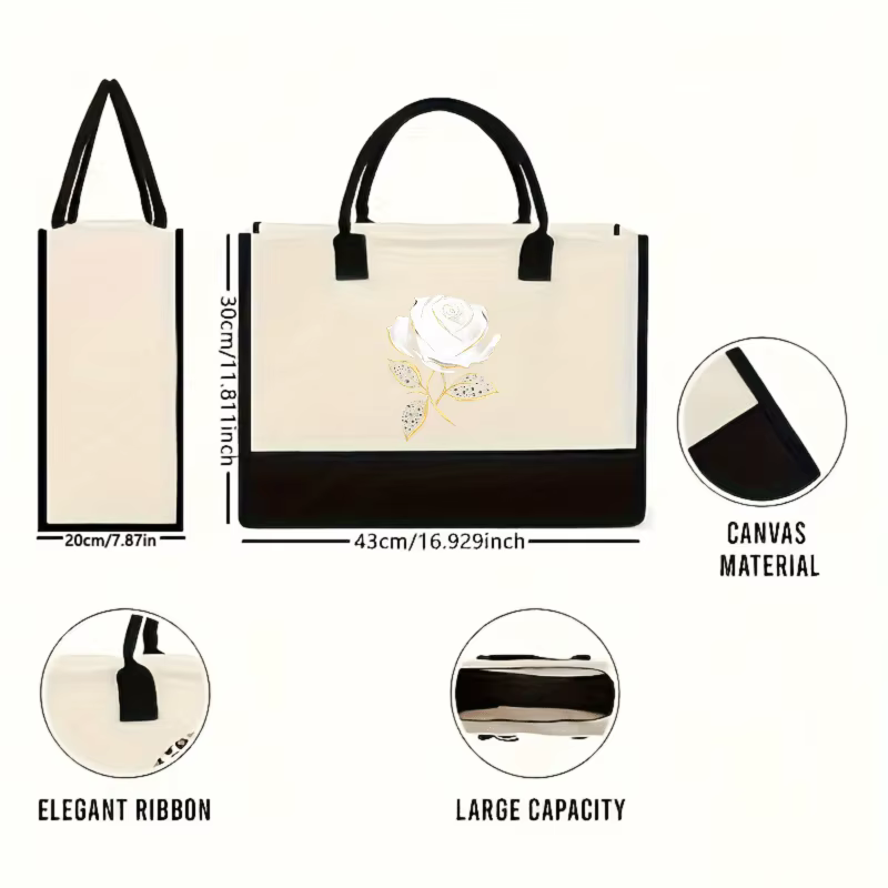 Les sacs à main élégants crème et noir avec des imprimés de roses noires et de feuilles dorées sont parfaits pour le shopping et l'utilisation quotidienne.