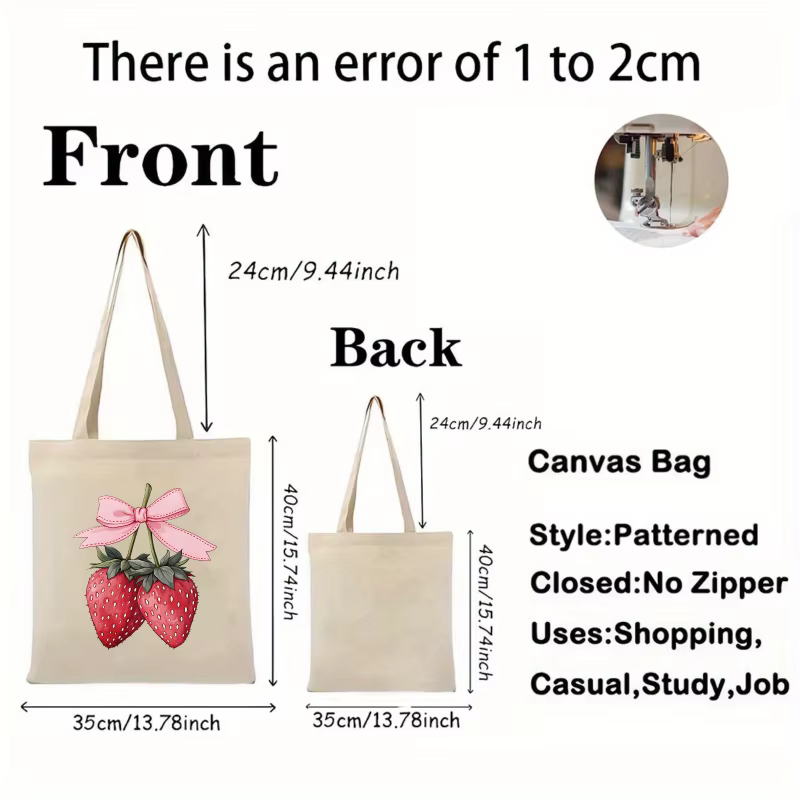 Sac fourre-tout en coton imprimé fraise crème avec nœud rose pour un usage quotidien et un shopping
