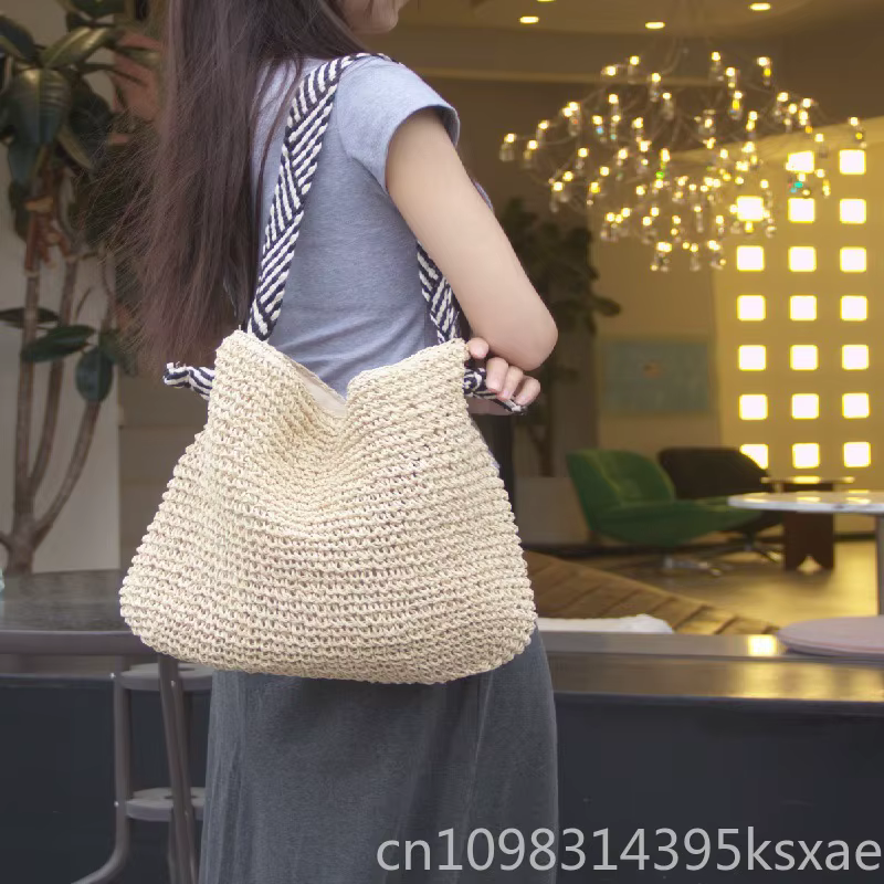 Sac à bandoulière pour femme, sac d'été en paille tressée, sac sous le bras de grande capacité, petit sac carré color block
