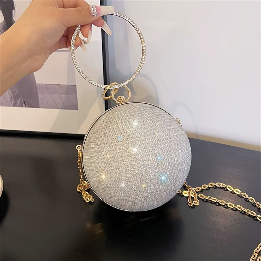 Sac de soirée circulaire en soie brillante dorée pour femmes