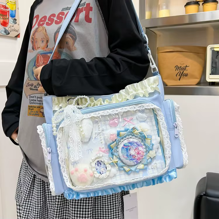 Sac fourre-tout Ita japonais Kawaii rose en dentelle à volants avec plaque de base et fenêtre transparente
