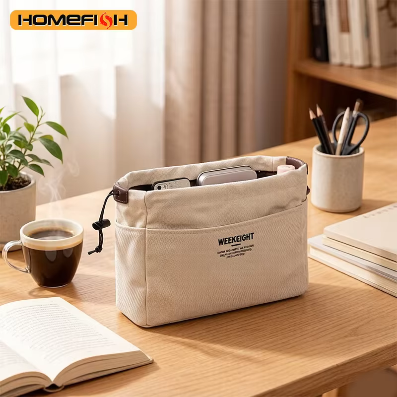 Sac de rangement pour cosmétiques en toile blanc cassé