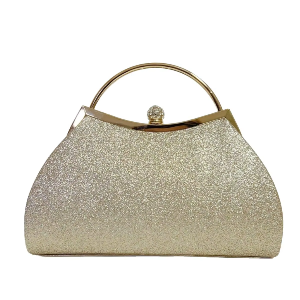 Sac à main de soirée brillant couleur champagne avec grande poignée supérieure en anneau doré