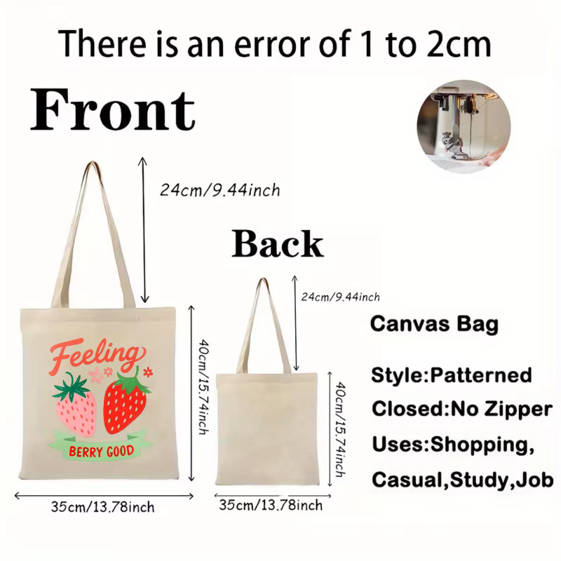 Sac fourre-tout en coton imprimé fraise de couleur crème avec un design de texte "feel so good"