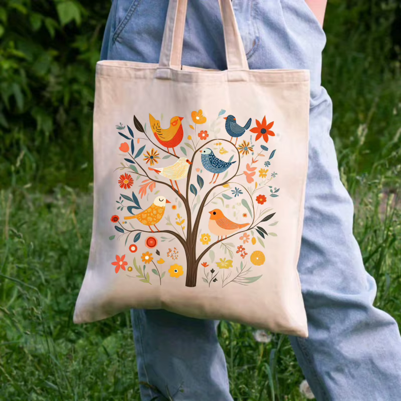 Sac fourre-tout en toile crème, arbre à motifs d'oiseaux et de fleurs, adapté à un usage quotidien