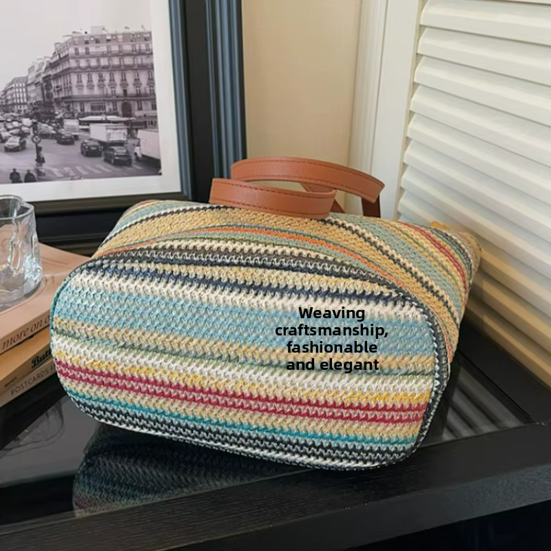 Nouveau sac fourre-tout en paille tressée arc-en-ciel grande capacité pour femme