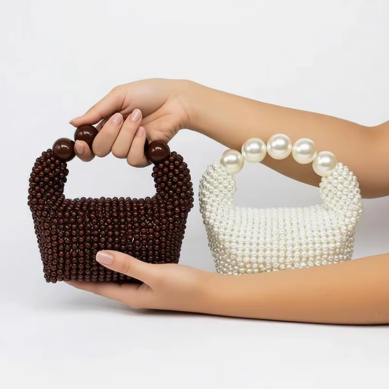 Sac bandoulière rétro français en bois tressé à la main avec perles
