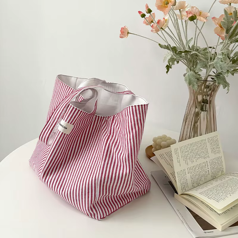 Sac à bandoulière en toile pour femmes, Design réversible, sac à main en tissu de coton, sac à main à rayures rouges cerise, grand fourre-tout, sacs de Shopping écologiques