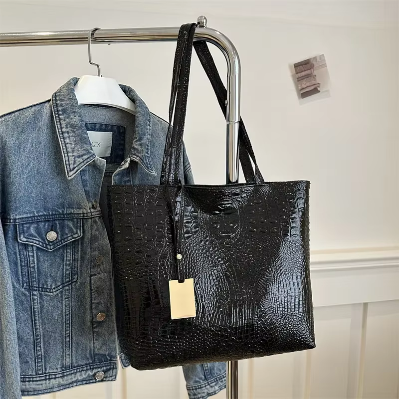 Mode décontracté femmes sacs à bandoulière argent or noir Crocodile Sac à main en cuir PU femme grand Sac fourre-tout