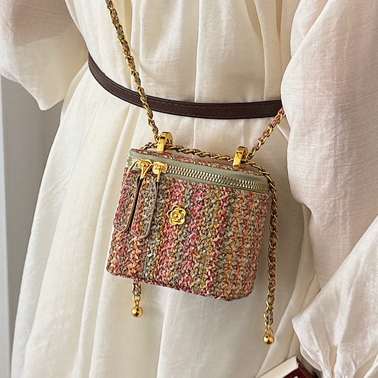 Sac à bandoulière mini en paille tressée pour femme