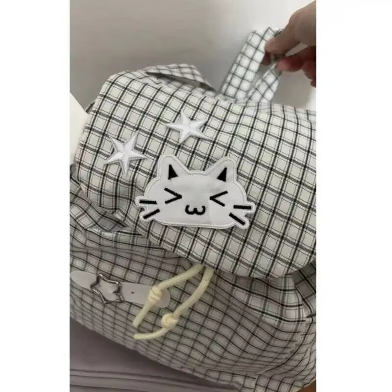 Sac à dos chat brodé noir blanc Style à carreaux léger mignon petites épaules polyvalent étudiant trajet Campus sac à dos