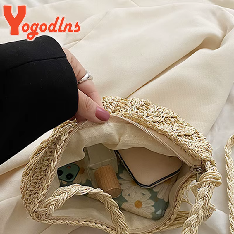 Yogodlns nouveaux sacs de paille demi-ronds pour les femmes été plage sac en rotin tissé à la main demi-lune