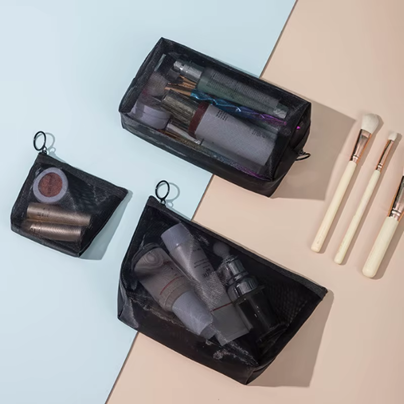 Sacs de maquillage en maille noire pour femmes et filles