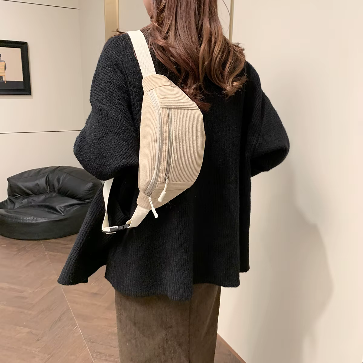 Femmes taille sac velours côtelé étudiant épaule sac à main bandoulière poitrine