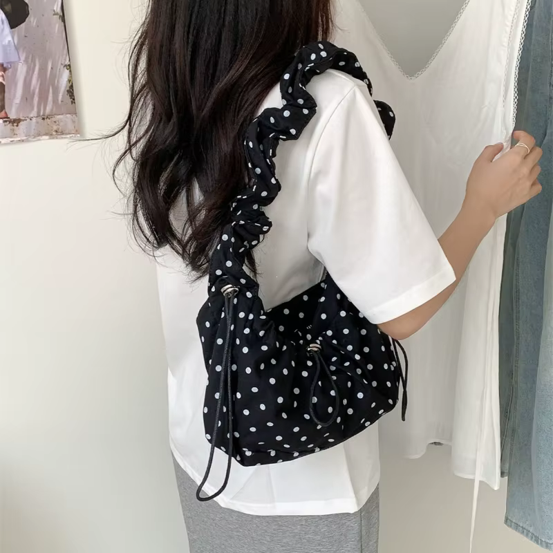 Sac bandoulière plissé rétro à pois grande capacité pour femme