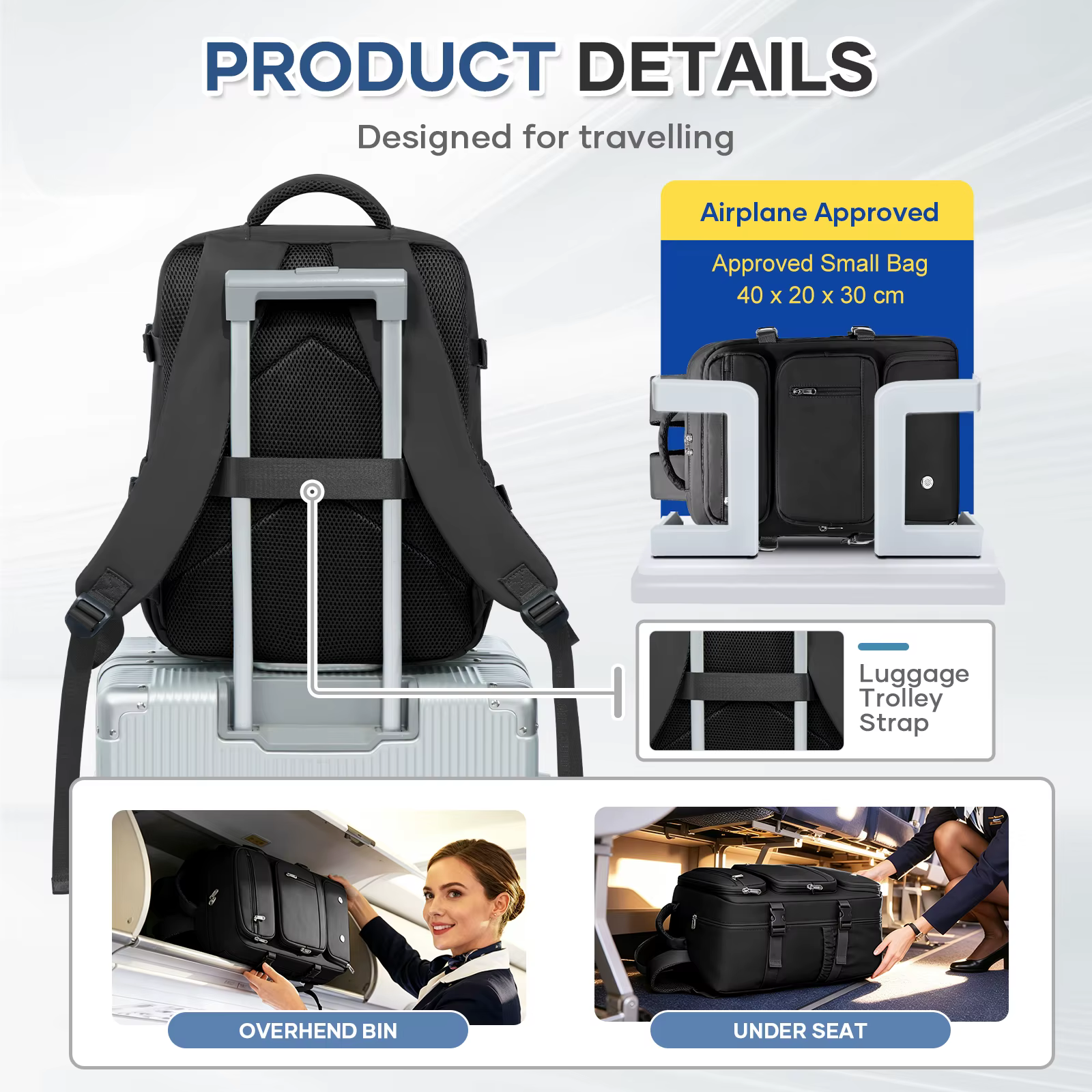 Sac à dos de voyage sac de cabine d'avion sac à dos Ryanair 40x20x25 bagages pochette d'ordinateur antivol hommes femmes sac pour sport Trekking