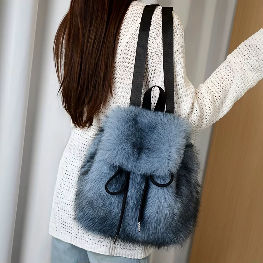 Sac à dos en fausse fourrure pour femme avec fermeture à cordon réglable Sac à dos pour usage formel décontracté Mini sac à dos Sac à texture douce