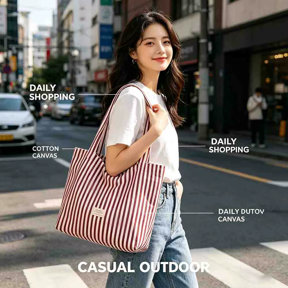 Sac fourre-tout en toile à rayures verticales, grande capacité, écologique, en coton, minimaliste, sac à bandoulière décontracté, pochette quotidienne en tissu