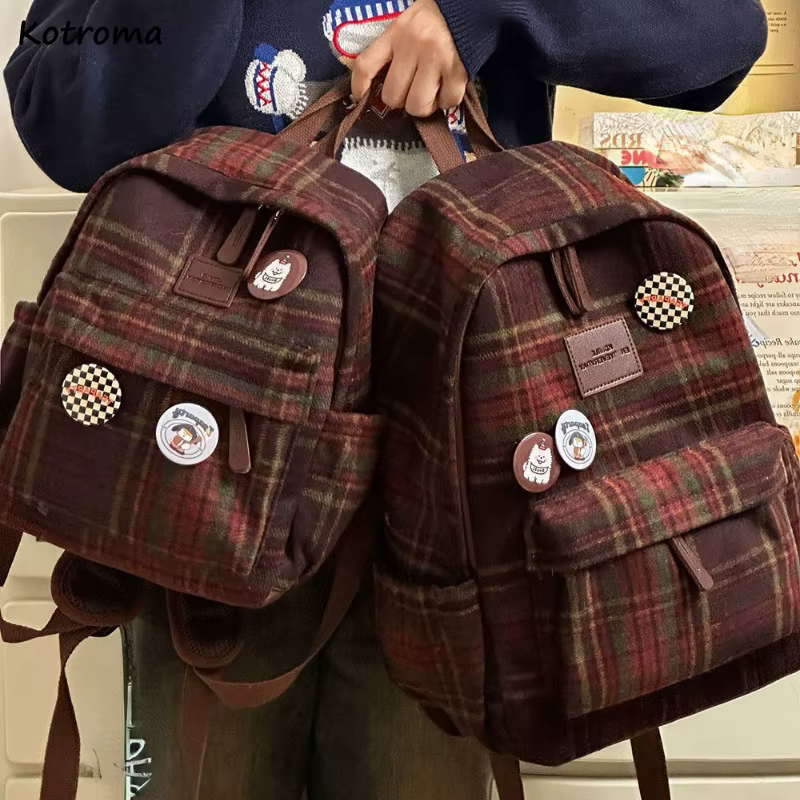 Sac à dos à carreaux vintage pour femmes, sac à dos grande capacité, mode douce, Ulzzang imprimés Girls, extérieur, décontracté, Bergame, automne, hiver