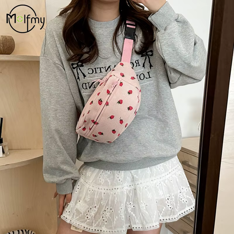 Sac de taille femmes hommes velours côtelé Fanny Pack fraises poche mode poitrine sac à main sport voyage sac