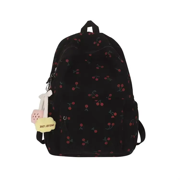 Sac à dos en velours côtelé motif cerise pour femmes