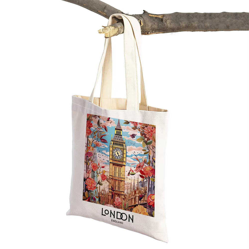 Sac de shopping Vintage paysage citron Prague Londres Santorin femmes sacs à provisions Double impression