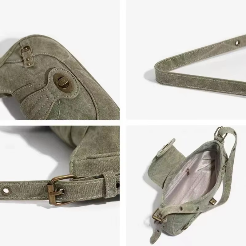 Y2k Vintage sac à bandoulière Style de rue américain Rivets vert toile sac à main gothique Punk Biker Cool Designers