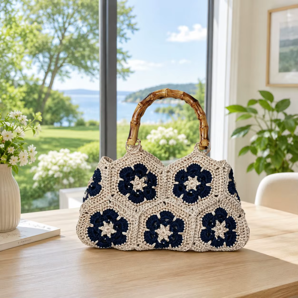 Sac en crochet floral tissé à la main avec une belle poignée – Sac fourre-tout rétro style Granny Square pour femme