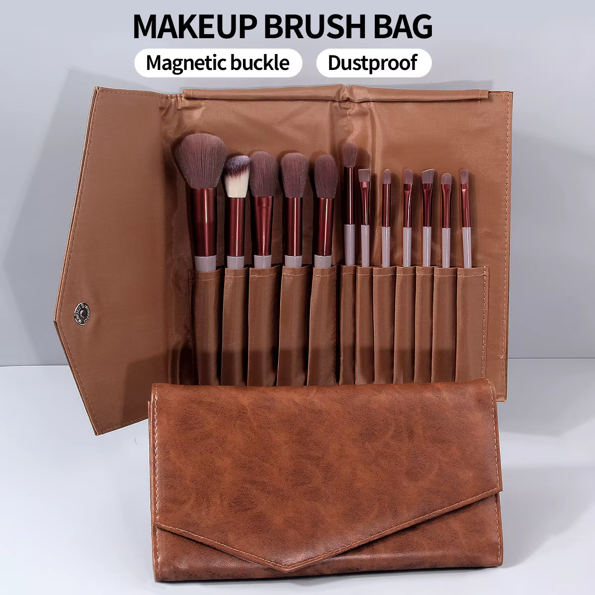 Pochette à pinceaux de maquillage en PU marron avec boucle magnétique
