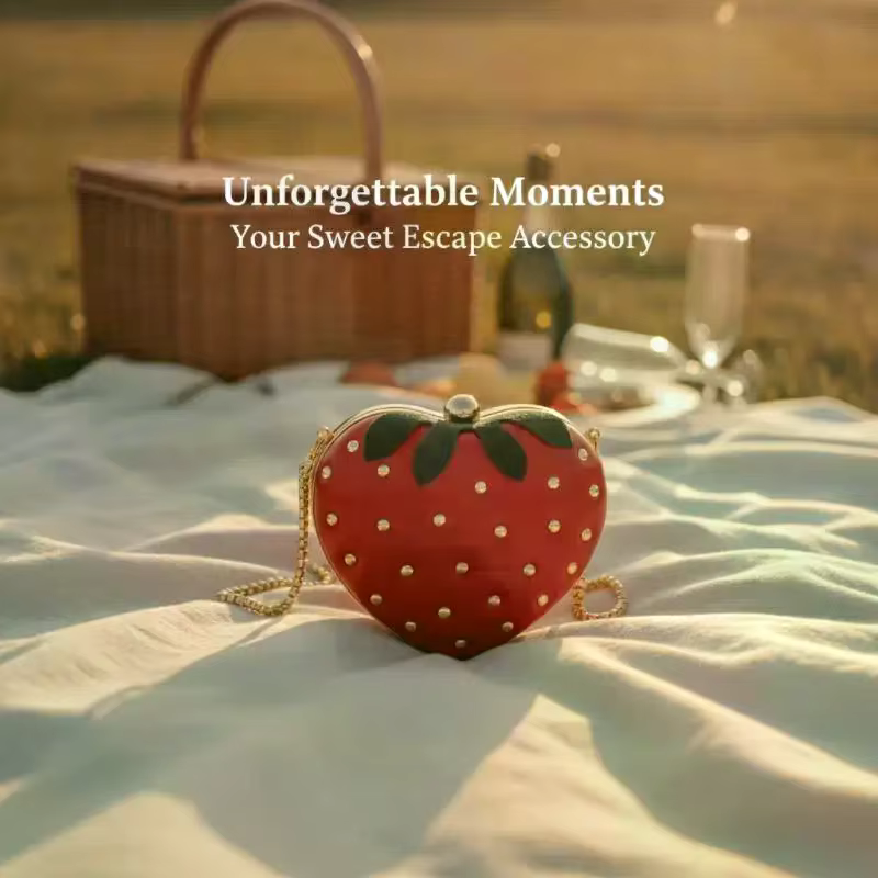 Sac bandoulière rouge en cuir motif fraise avec clous dorés et chaîne