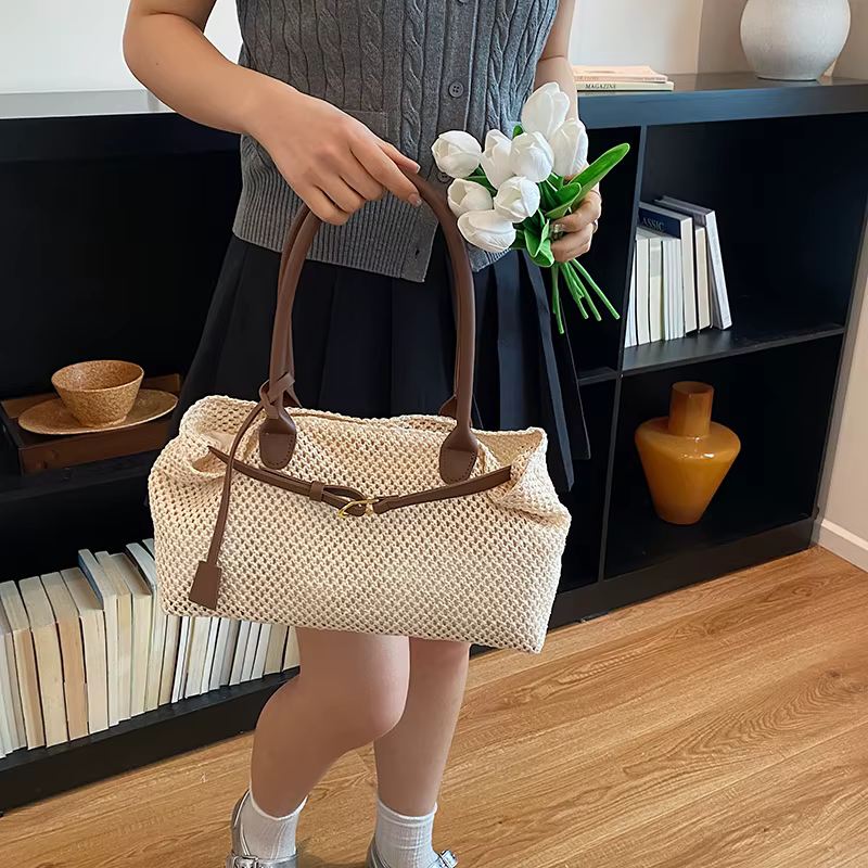 Sac à bandoulière en paille tressée décontracté pour femme, léger et élégant, avec boucle métallique, sac de voyage, de sortie ou de shopping