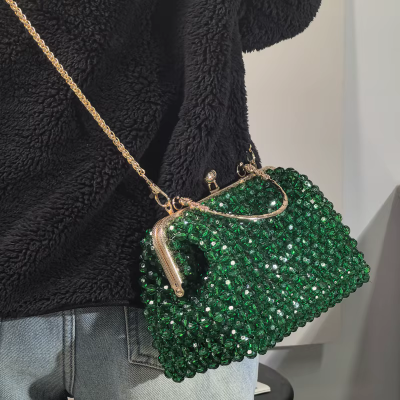 Pochette perlée faite à la main vert émeraude | Sac