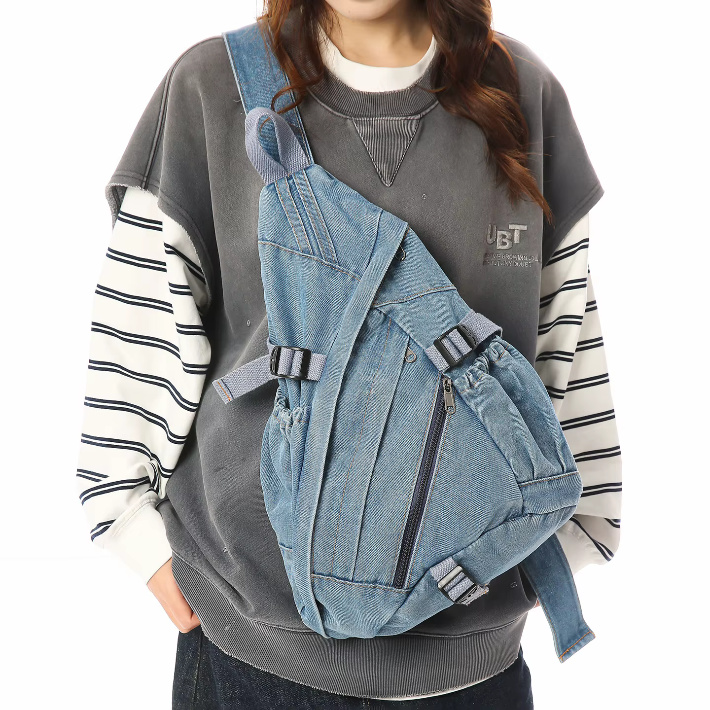 Sac à bandoulière en denim délavé vintage pour homme et femme