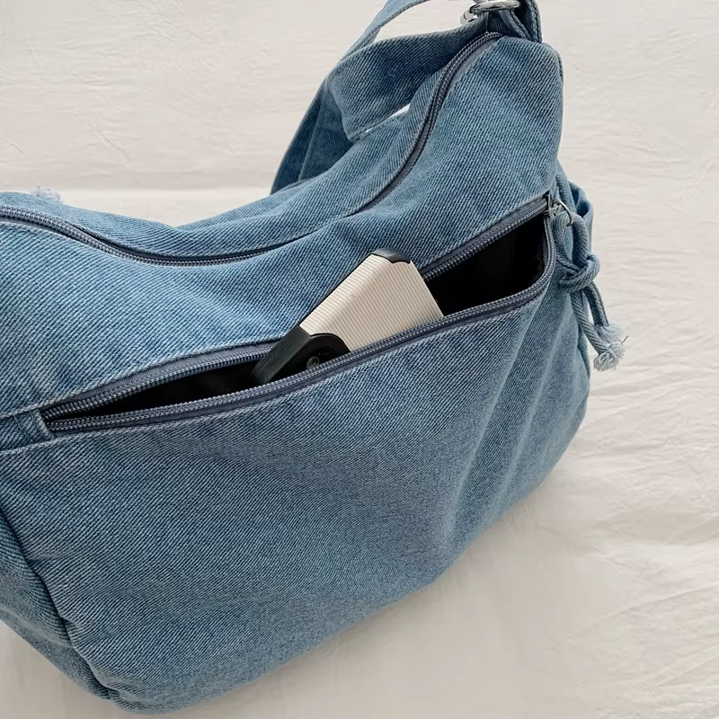 Sac à bandoulière en Denim solide avec fermeture éclair, fil à coudre, grande capacité, haute qualité, polyvalent, simplicité, sacs à bandoulière simples pour femmes, 2026