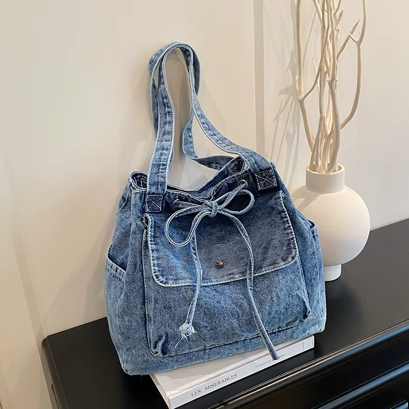 Denim couleur unie fermeture éclair nœud fourre-tout décontracté 2025 haute qualité nouveaux sacs simples grande