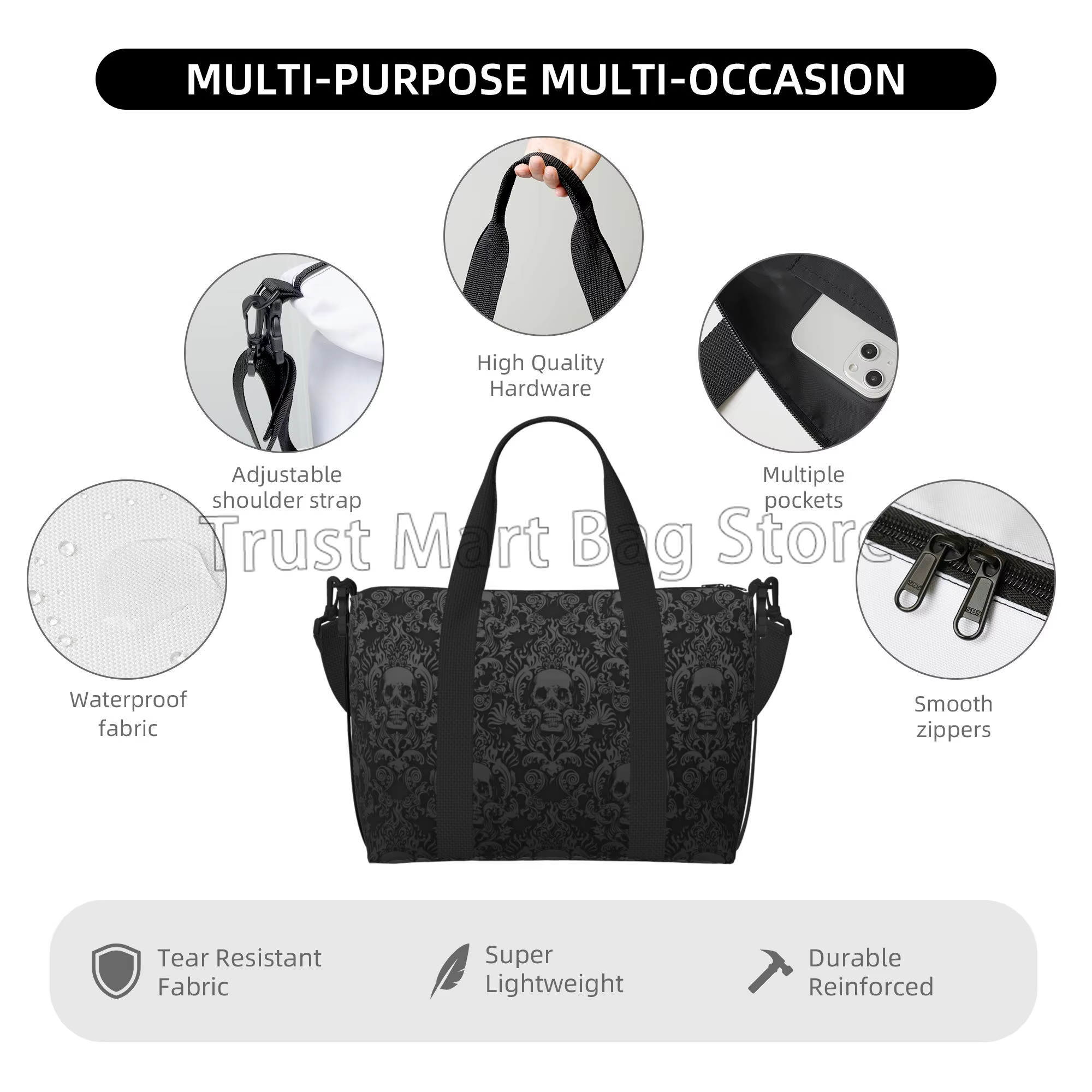 Sac de voyage gothique noir imprimé damassé