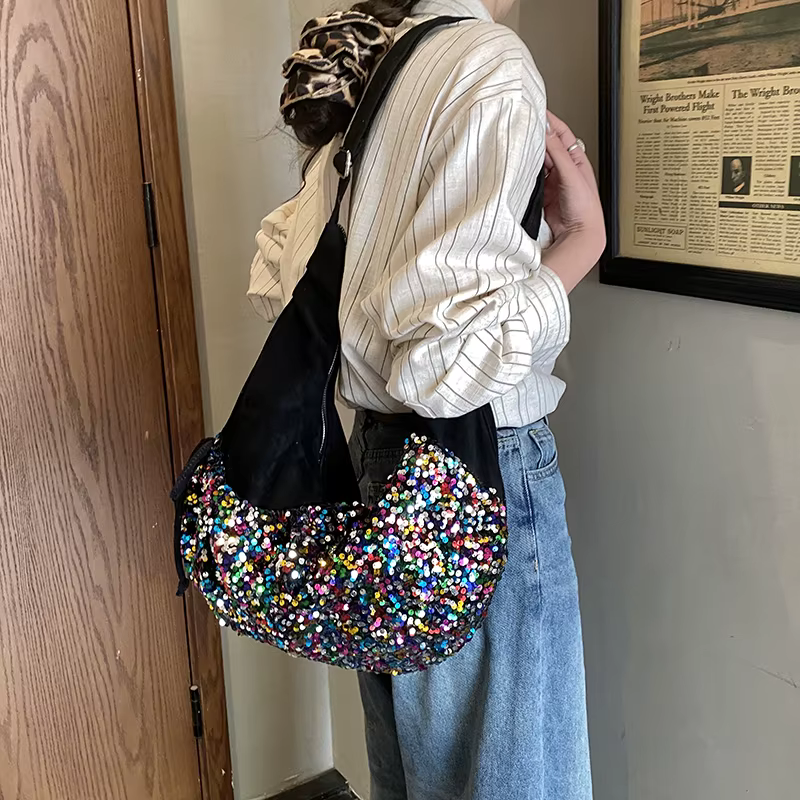Sac à bandoulière à paillettes argentées pour femmes