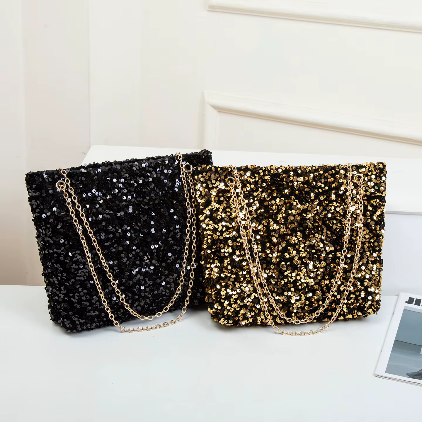 Pochette à bandoulière carrée à paillettes pour femmes