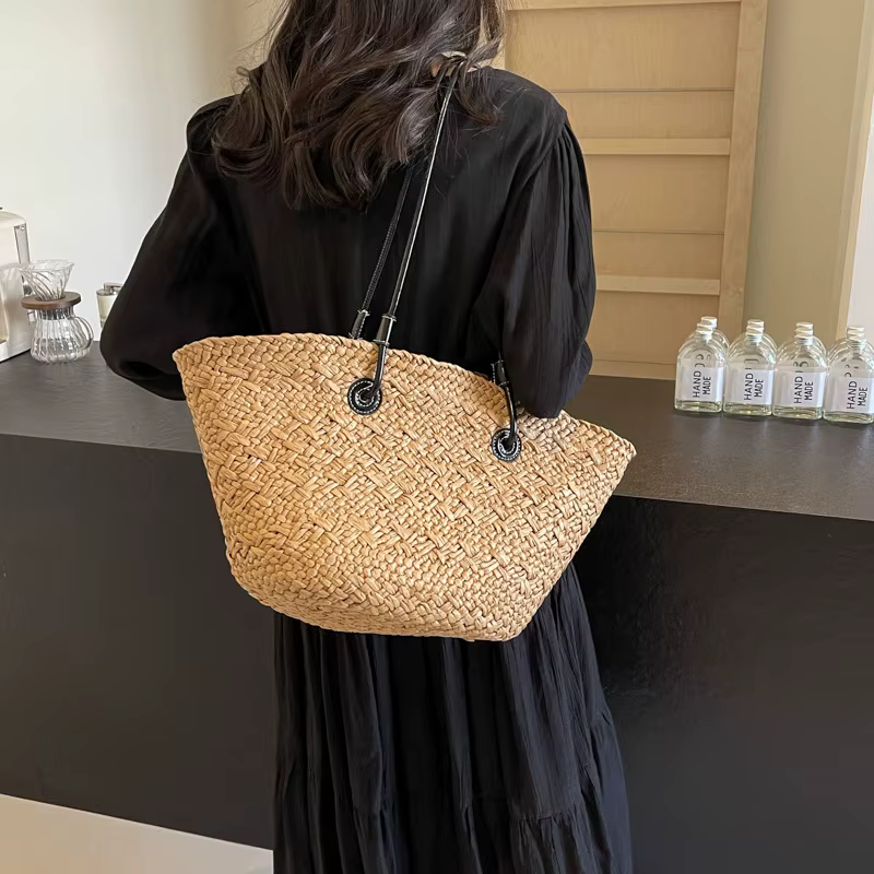Sac fourre-tout en paille tressée grande capacité Printemps 2026 – Sac à bandoulière de plage tendance style transfrontalier en tissu jute et polyester