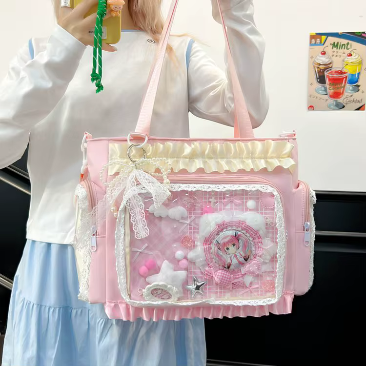 Sac fourre-tout Ita japonais Kawaii rose en dentelle à volants avec plaque de base et fenêtre transparente