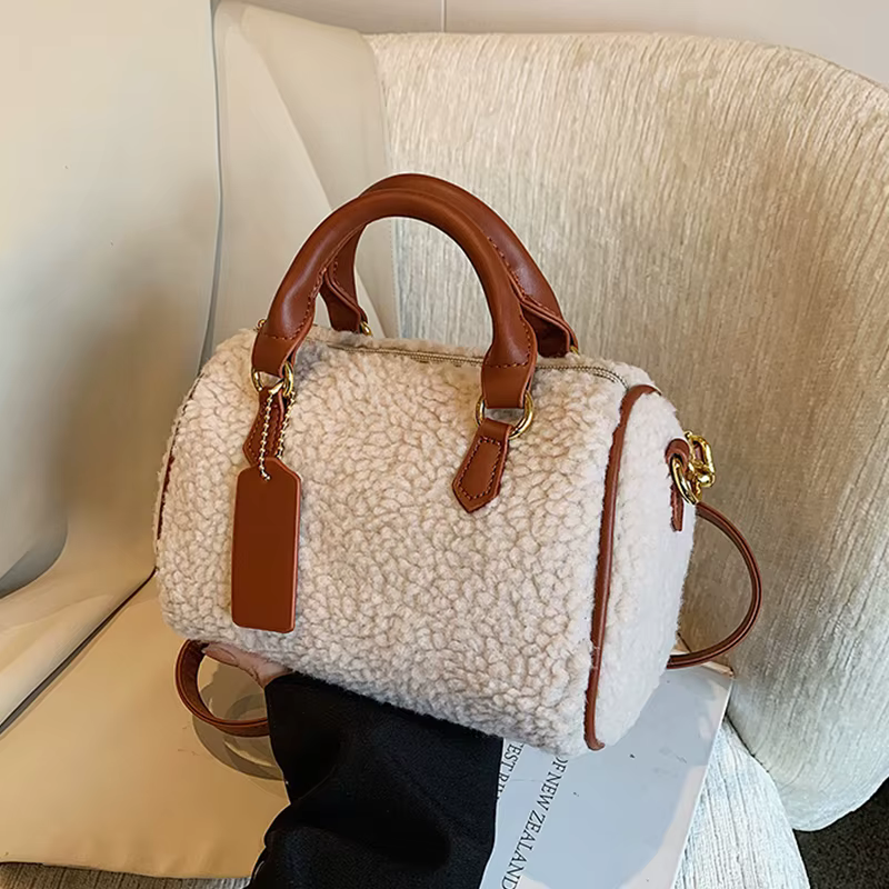 Sac à Main en Fausse Fourrure Beige pour Femme